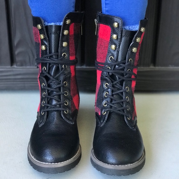 Red Plaid Flannel Lace Up Combat Moto Boots - Picture 5 of 8